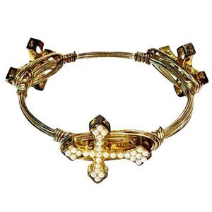 Vintage Three Cross Faux Pearl Goldtone Bangle Bracelet Religion 7"